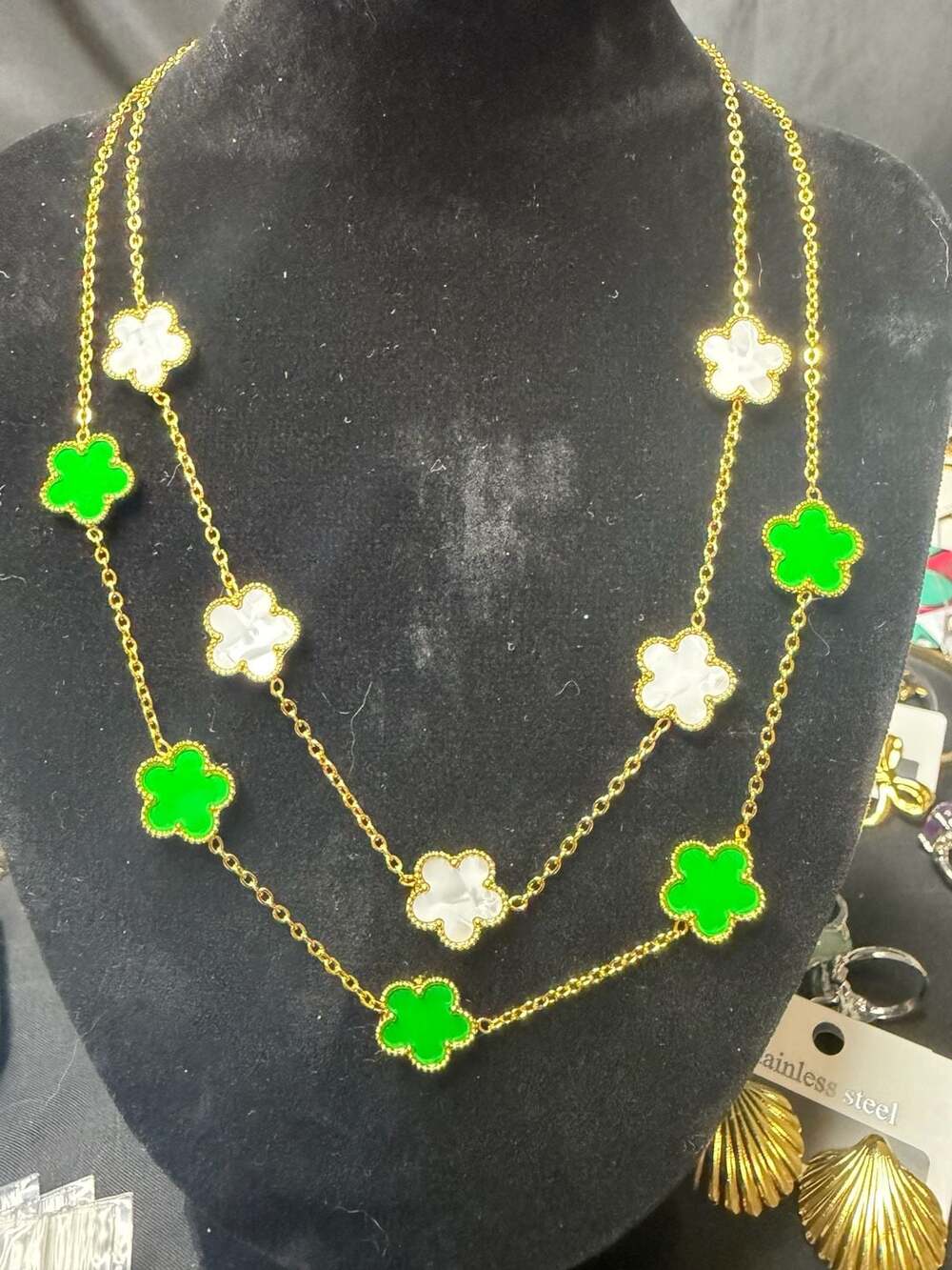 2 Gold-Plated Stainless Steel Clover Station Necklace w/ Green and White Floral